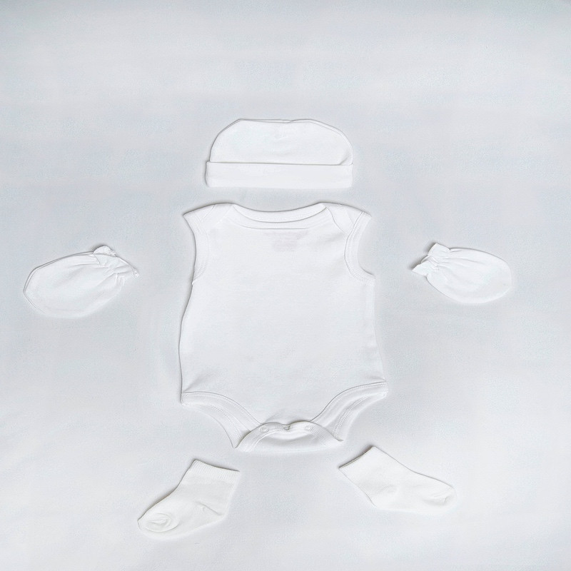NEWBORN baby gift Set of Four White Sleeveless Onesie Pair of Gloves Pair of Socks Cotton Beanie